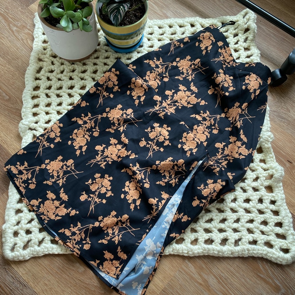 Black and Gold Floral Maxi Skirt with Slit